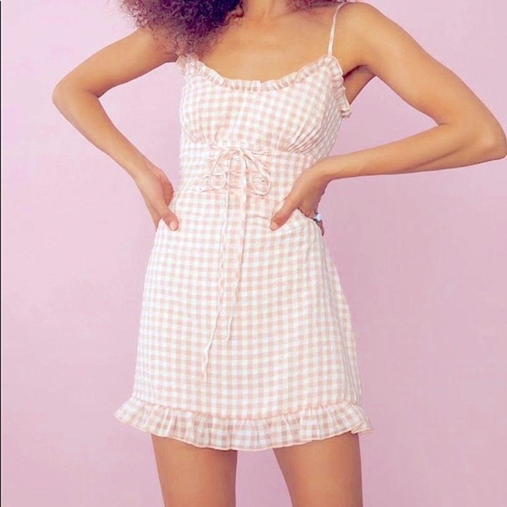 Gingham lace-up mini dress